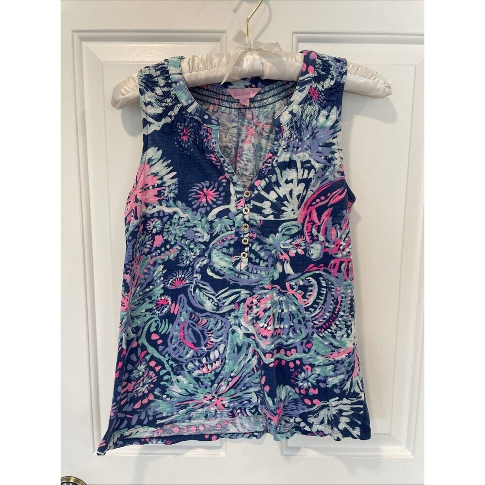 Lilly Pulitzer Essie Top In High Tide Women's Sz XS Sleeveless Cotton Pink Navy